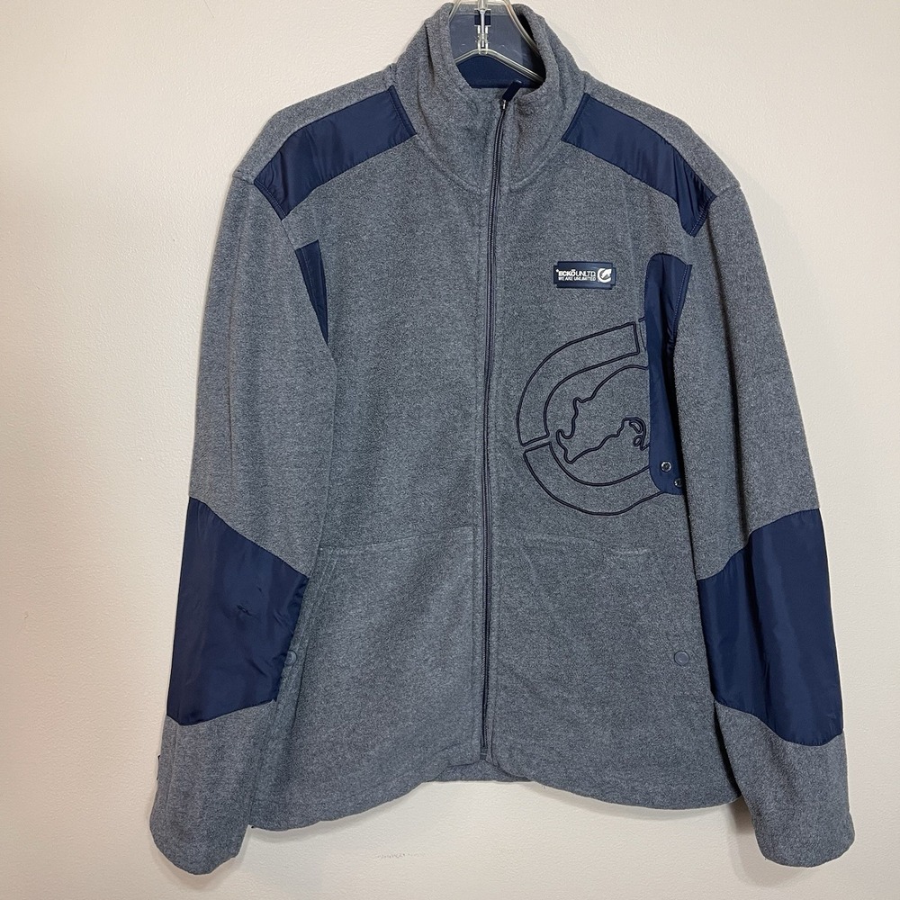 Ecko Unltd Mens Full Zip Fleece Jacket Gray Navy‎ Rhino Logo Size Medium RN93536